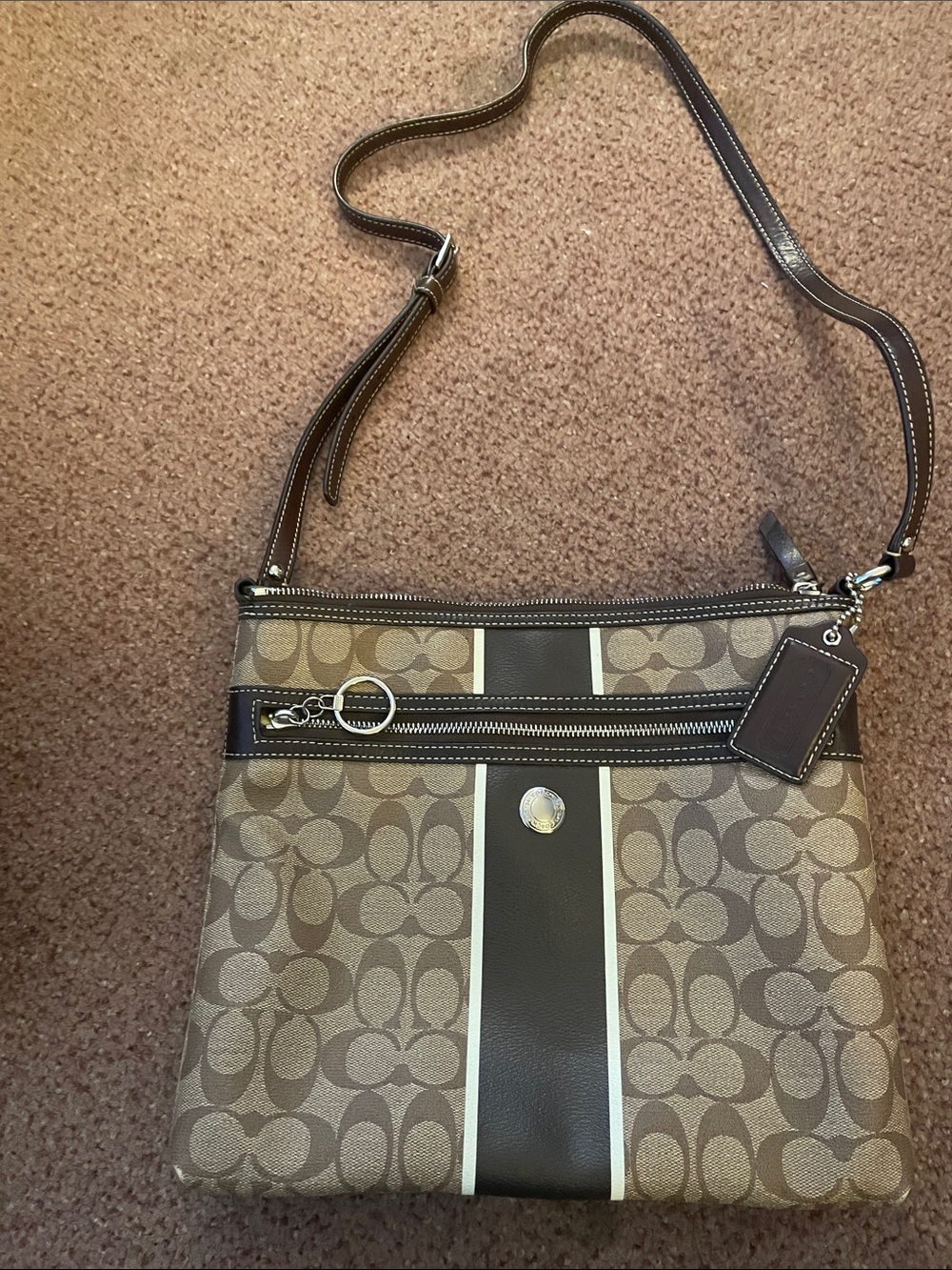 Coach Tan Signature Crossbody with Dark Brown Stripe and Cream Trim